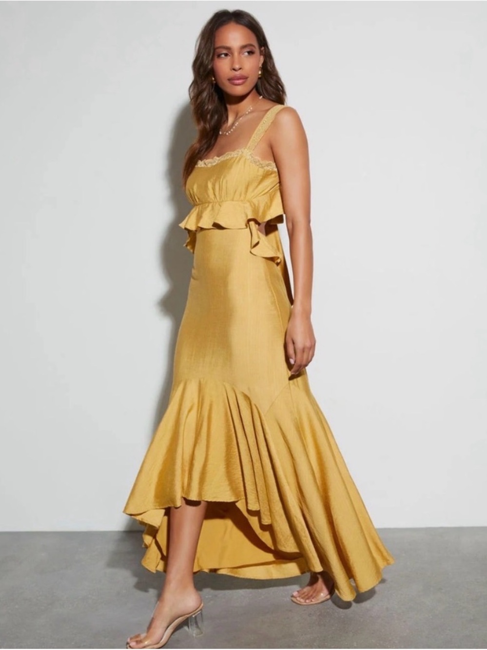 VICI |Golden Ruffle Midi Dress with Flared Hem